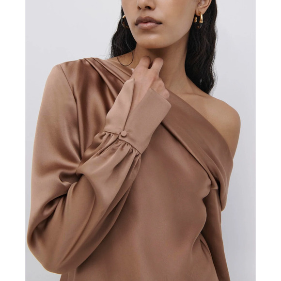 Jonathan Simkhai Tops - Simkhai Alice off-shoulder long-sleeve blouse coffee brown satin finish drape XL